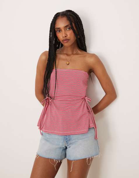 ASOS DESIGN – Trägerloses, gerafftes Oberteil in gestreiftem Rot mit seitlicher Bindung - view 1