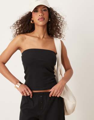 ASOS DESIGN - Trägerloses Longline-Oberteil in Schwarz mit Waffeltextur