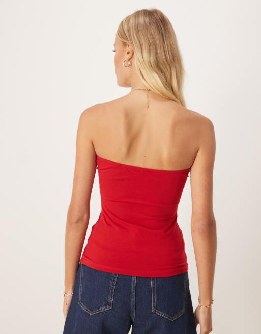 ASOS DESIGN – Trägerloses Longline-Top in Tomatenrot mit Sonnen-Urlaubs-Print, 4 von 4