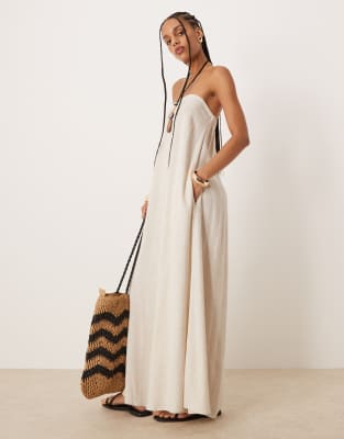 ASOS DESIGN - Trägerloses Maxikleid aus Leinen in Hellbeige-Neutral