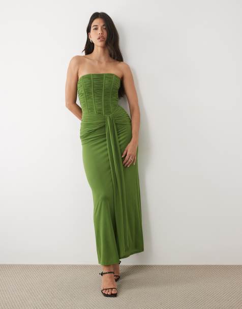 ASOS DESIGN – Trägerloses Maxikleid aus neoprenartigem Stoff in Flaschengrün mit Besatz am Rücken - view 1