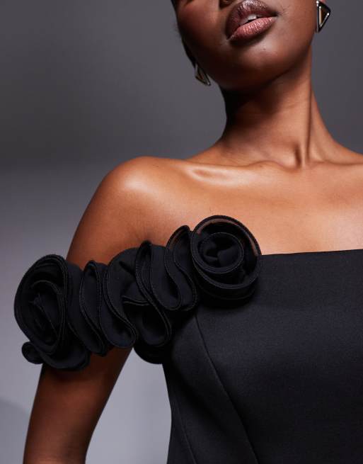 ASOS DESIGN – Trägerloses Maxikleid aus neoprenartigem Stoff in Schwarz mit Blumendetail, 2 von 4