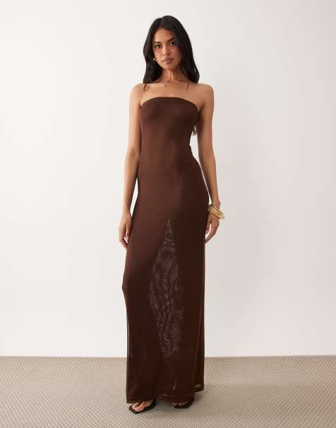 ASOS DESIGN – Trägerloses Maxikleid aus transparentem Netzstoff in Schokobraun - view 1