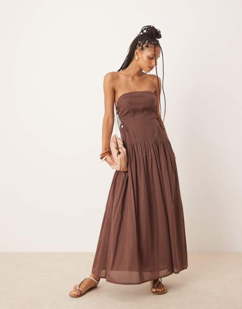 ASOS DESIGN – Trägerloses Maxikleid in Schokobraun mit seitlicher Schnürung und tief angesetztem Bund - view 1