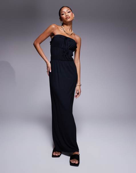 ASOS DESIGN – Trägerloses Maxikleid in Schwarz mit gestufter Taille und Raffung - view 1