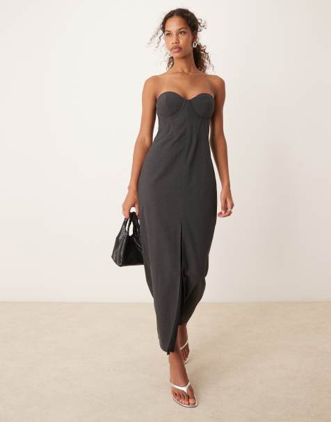 ASOS DESIGN – Trägerloses Midaxikleid in Anthrazitgrau mit Korsett-Detail und Schlitz auf der Vorderseite - view 1