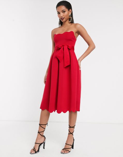 ASOS DESIGN – Trägerloses Midi-Ballkleid mit Bogenkante