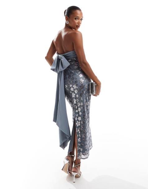 ASOS DESIGN – Trägerloses Midi-Bleistiftkleid in Schieferblau mit Schärpenschleife am Rücken und floraler Paillettenverzierung - view 1