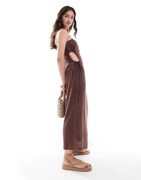 ASOS DESIGN – Trägerloses Midi-Sommerkleid aus Leinen in Schokobraun mit gerafftem Zierausschnitt - view 1
