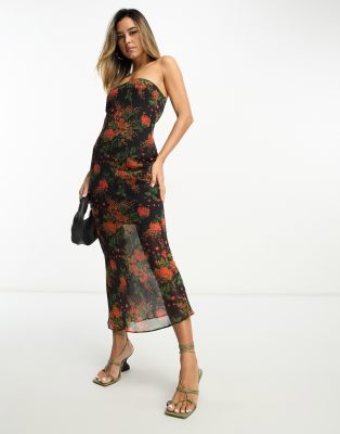 ASOS DESIGN - Trägerloses Midikleid aus Chiffon mit Blumenprint in Grunge-Optik-Bunt