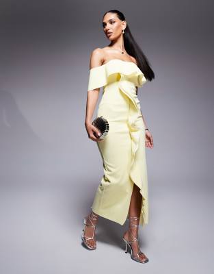 ASOS DESIGN - Trägerloses Midikleid aus neoprenartigem Stoff in Gelb mit Rüschendetails