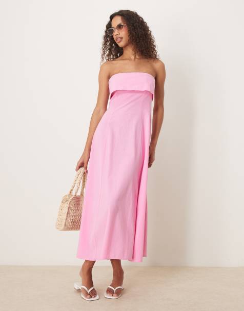 ASOS DESIGN – Trägerloses Midikleid in Rosa mit Umschlagdetail - view 1