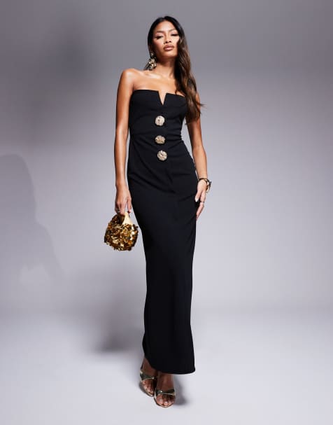 ASOS DESIGN – Trägerloses Midikleid in Schwarz mit großen Knöpfen vorne und Neckholder-Träger - view 1