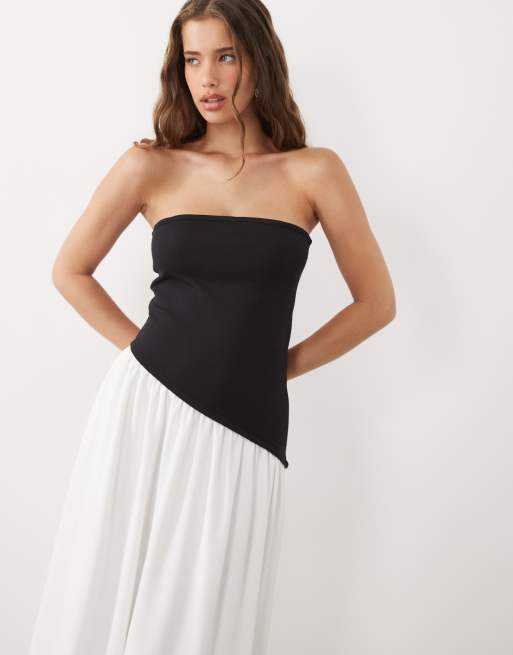 ASOS DESIGN trägerloses Midikleid mit asymmetrischer, tiefer Taille in Schwarz und Cremeweiß, 2 von 4