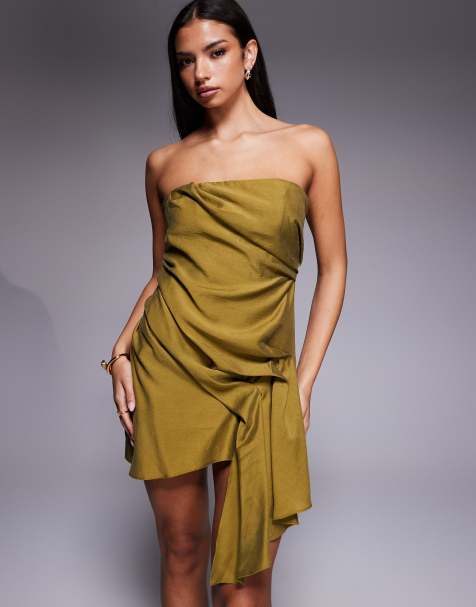 ASOS DESIGN – Trägerloses Minikleid in Grün mit seitlichem Faltendetail - view 1