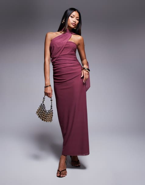ASOS DESIGN – Trägerloses Netzstoff-Maxikleid in Altrosa mit Schal-Detail - view 1