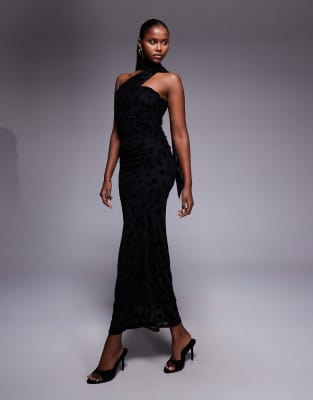 ASOS DESIGN - Trägerloses Netzstoff-Maxikleid in Schwarz mit Schal-Detail und beflocktem Blumenmuster