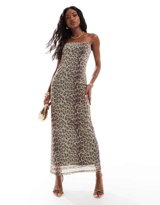 ASOS DESIGN – Trägerloses Netzstoff-Maxikleid mit Leopardenmuster