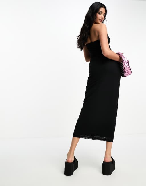 ASOS DESIGN – Trägerloses Netzstoff-Midikleid in Schwarz mit seitlicher Rosenstickerei, 4 von 4