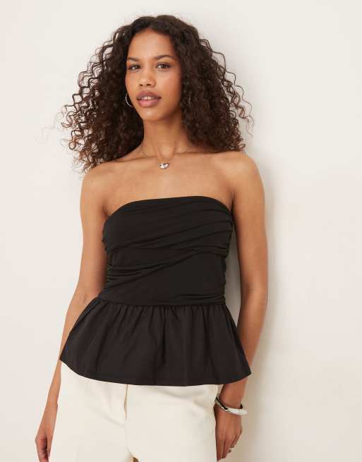 ASOS DESIGN – Trägerloses Oberteil aus Webstoffmix in Schwarz mit Raffungsdetail