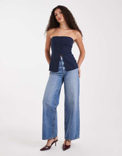ASOS DESIGN – Trägerloses Oberteil in Marineblau mit Knopfleiste, 4 von 4