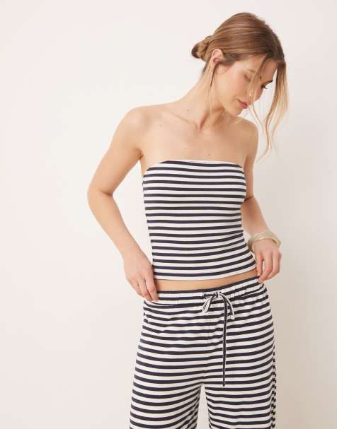 ASOS DESIGN – Trägerloses Oberteil in Marineblau und Weiß gestreift, Kombiteil - view 1