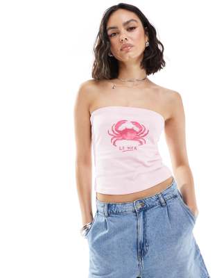 ASOS DESIGN - Trägerloses Oberteil in Rosa mit Krebs-Grafik-Bunt