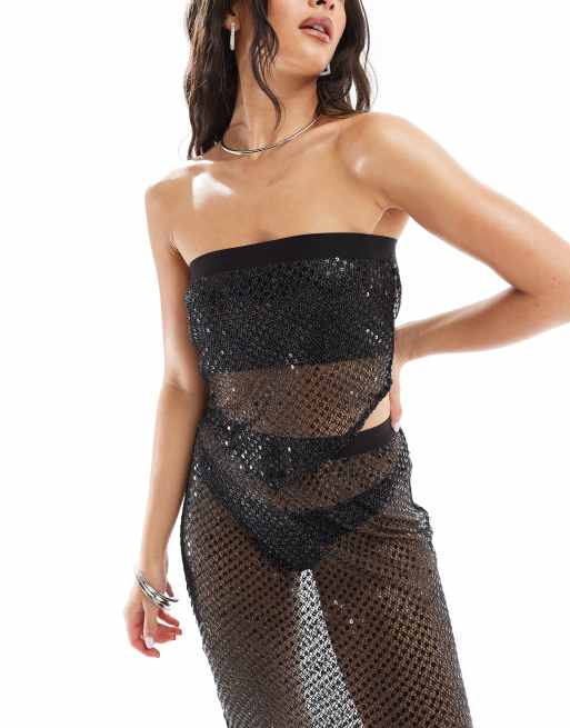 ASOS Design – Trägerloses Oberteil in Schwarz aus weitmaschigem Netzstoff mit Pailletten und Tuchsaum, Kombiteil