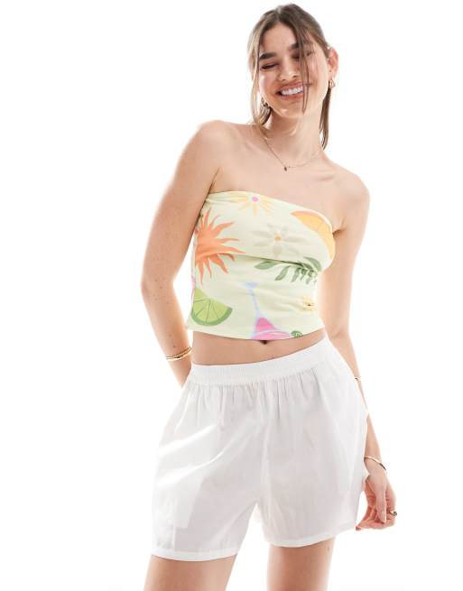 ASOS DESIGN – Trägerloses Oberteil in zartem Gelb mit Urlaubs-Print