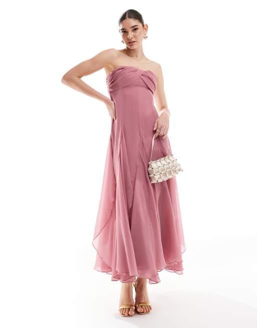 ASOS DESIGN Tragerloses Overlayer Maxikleid in Staubrosa mit Saumschlitz