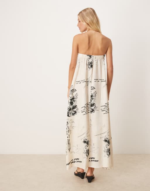 ASOS DESIGN – Trägerloses Sommerkleid in Maxilänge aus Cupro mit Textprint in Schwarz-Weiß , 3 von 4