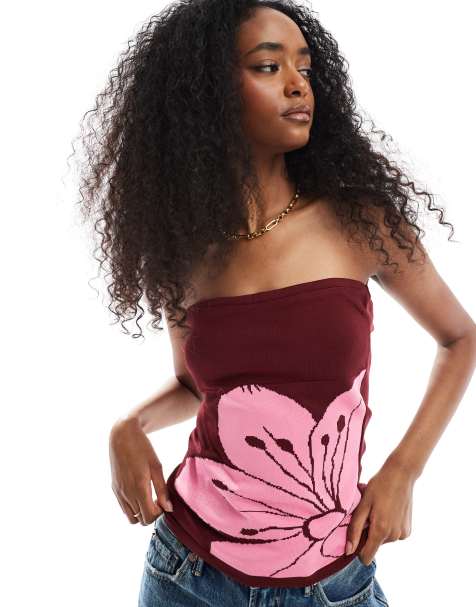 ASOS DESIGN – Trägerloses Strick-Oberteil in Rosa mit übergroßem Blumenmotiv - view 1