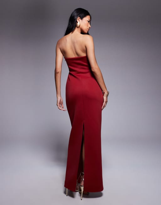 ASOS DESIGN – Trägerloses, strukturiertes Maxikleid aus neoprenartigem Stoff in dunklem Kirschrot, 4 von 4