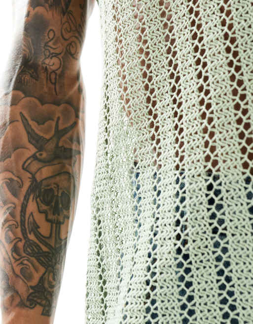 ASOS DESIGN – Trägershirt aus weitmaschigem Häkelstoff in Grün , 2 von 4