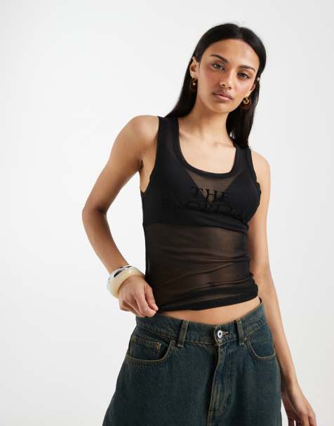 ASOS DESIGN – Trägertop aus Netzstoff in Schwarz mit U-Ausschnitt und „The Problem“-Schriftzug - view 1