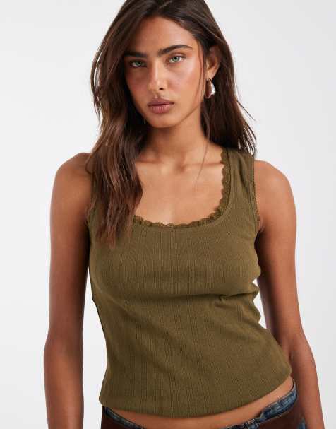 ASOS DESIGN – Trägertop aus Pointelle in Olivgrün mit U-Ausschnitt - view 1