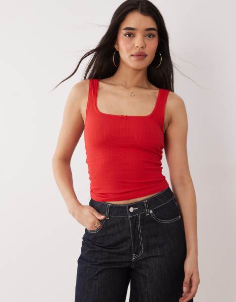 ASOS DESIGN – Trägertop aus Pointelle in Rot mit eckigem Ausschnitt - view 1