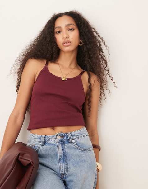 ASOS DESIGN – Trägertop in dunklem Kirschrot mit U-Ausschnitt und Trägerdetail - view 1