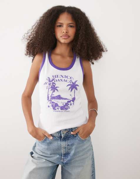 ASOS DESIGN – Trägertop in Weiß und Lila mit U-Ausschnitt und „Oaxaca“-Grafikprint - view 1