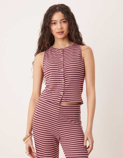 ASOS DESIGN – Trägertop mit durchgehender Knopfleiste und Streifen in Rosa und Burgunderrot, Kombiteil - view 1
