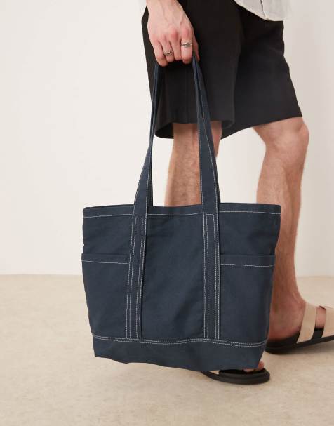 ASOS DESIGN – Tragetasche aus Canvas in Marineblau mit Ziernähten - view 1