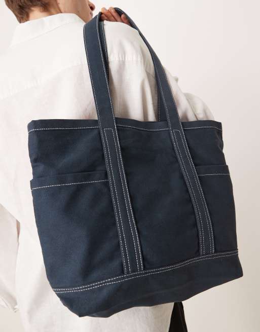 ASOS DESIGN – Tragetasche aus Canvas in Marineblau mit Ziernähten, 2 von 4