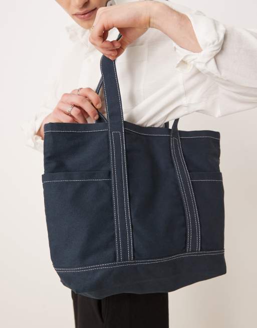 ASOS DESIGN – Tragetasche aus Canvas in Marineblau mit Ziernähten, 3 von 4