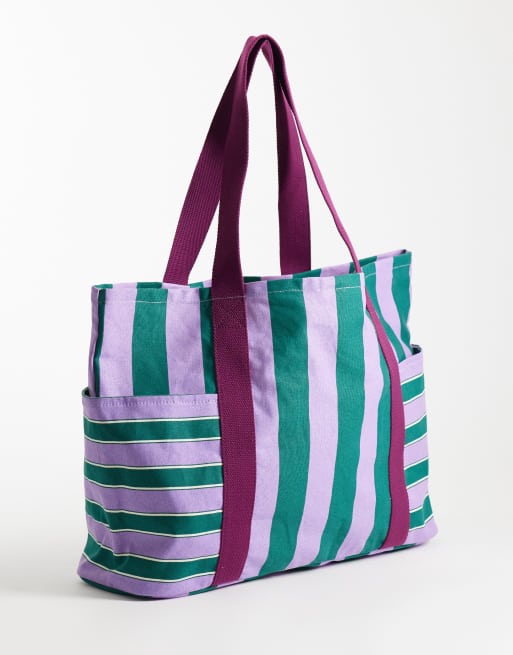 ASOS DESIGN – Tragetasche aus Canvas mit Blockstreifen in Lila und Grün, 4 von 4