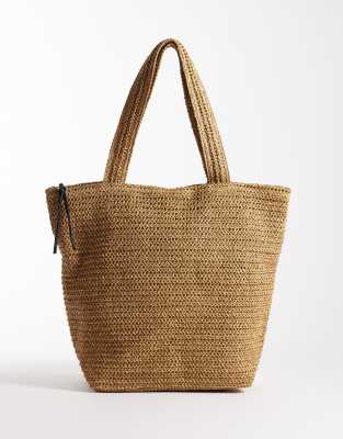 ASOS DESIGN - Tragetasche aus Häkelware in naturfarbener Stroh-Optik-Neutral