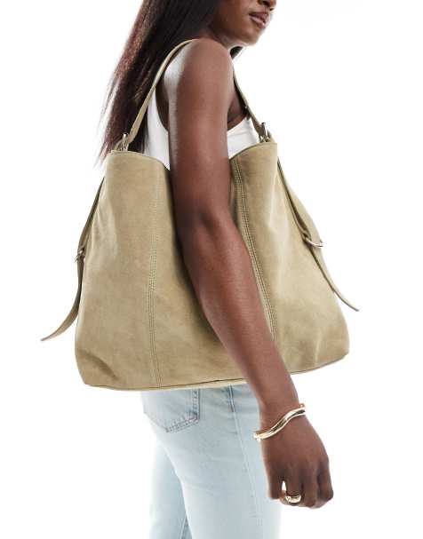 ASOS DESIGN – Tragetasche aus Wildleder in Grün mit Schnallendetail - view 1