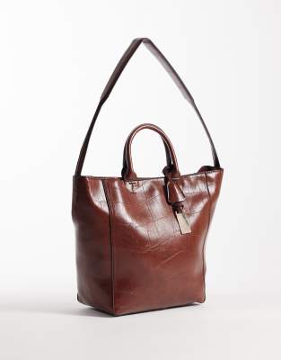 ASOS DESIGN - Tragetasche in hellbrauner Kroko-Optik mit zwei Henkeln-Brown