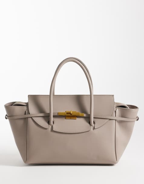 ASOS DESIGN – Tragetasche in Steinbeige mit Metall-Highlights, Gürteldetail und Henkel - view 1