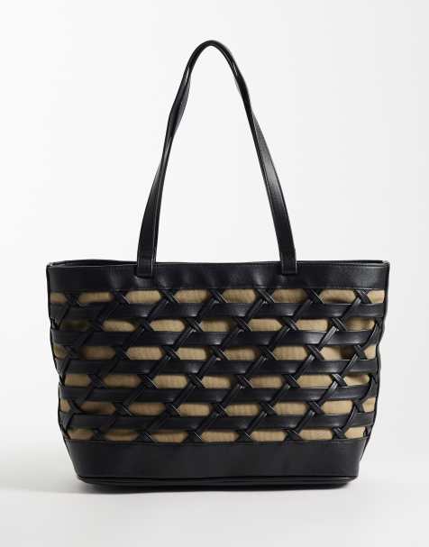 ASOS DESIGN – Tragetasche mit kontrastierendem Flechtmuster in Schwarz und Futter in Naturfarbe - view 1