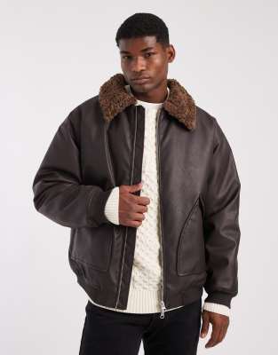 Trainerjacke aus Kunstleder in Braun mit Teddyfellkragen-Brown Brown XL